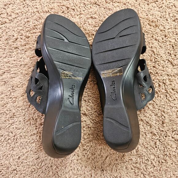 Clarks Bendables Wedge Sandals Womens 10M Black 37059 Comfort Slip On Slides - Picture 6 of 10